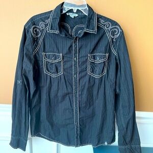 SURPLUS Men’s Western Black Embroidered Shirt Button Down Affliction Y2K Size L